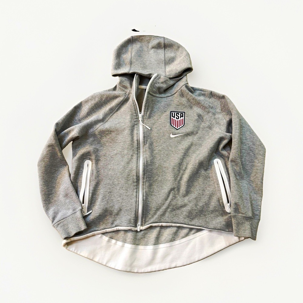 Nike USA Soccer Women's Full Zip Fleece Hoodie Gray/White Logo Pockets M Tech
